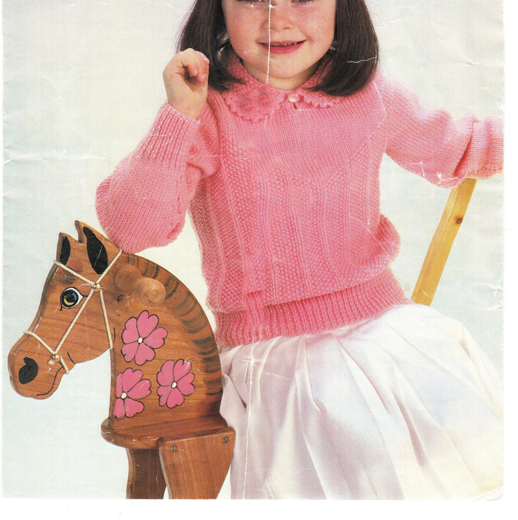 Girls textured Jumper with Button front collar picot edge  Easy DK 8ply wool  Light Worsted 22