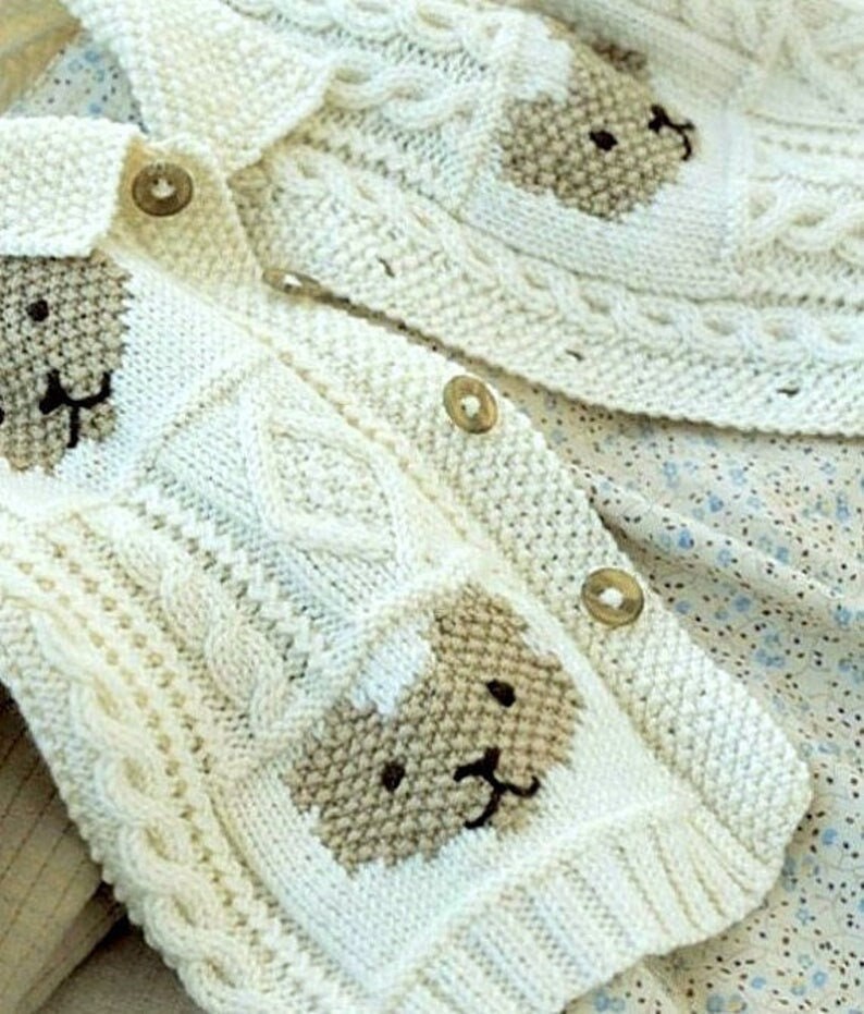 Aran Style Teddy Bear Motif Jacket Cardigan Collar Cable 24