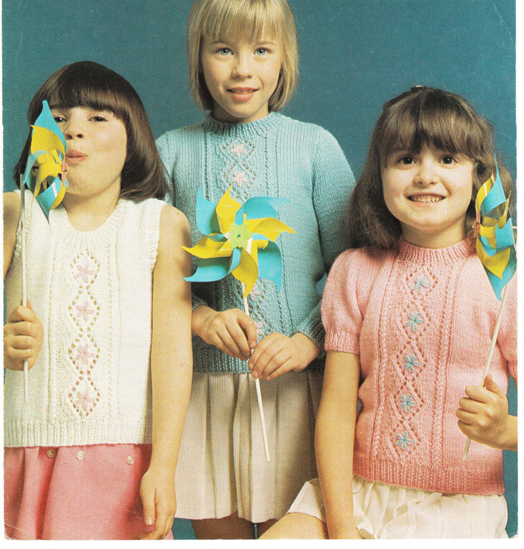Girls Long short & sleeveless Jumpers, diamond panel embroidered flower sizes 22-28