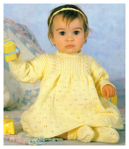 Baby Girl-Toddler Long sleeved Eyelet Cable yoke dress & Bootees in 4 ply Yarn Fits from 16-22