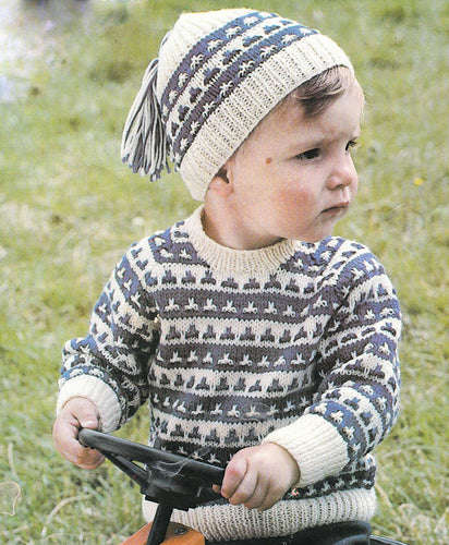 Boy's Patterned Round neck Jumper sweater & Hat  DK 8 ply Light Worsted wool-  Chest 20