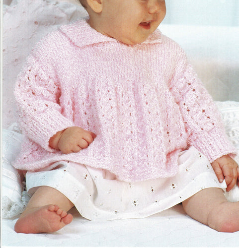 Baby Girl-Toddler Long sleeved dress ~Angel Top with collar- in DK Light Worsted 8ply Yarn Fits from 16-20