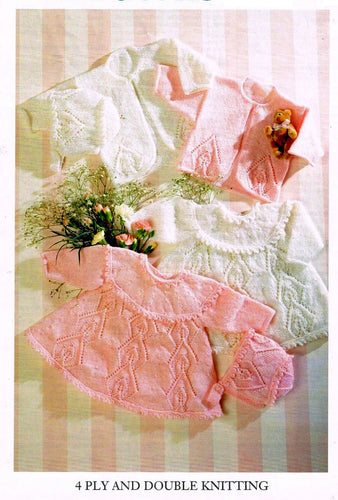 Baby Girl- short sleeve Picot yoke dress Eyelet - Hat & Cardigan in 4ply Fingering or 8ply DK Yarn  18-20