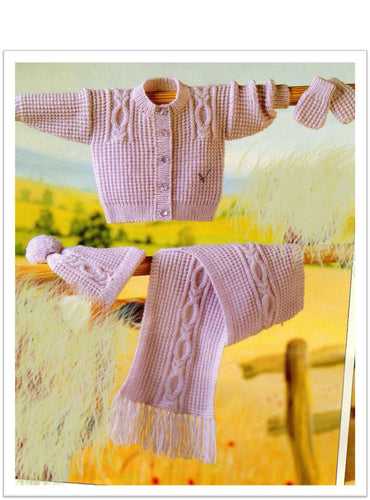 Baby Toddler  Boy Girl Cable Cardigan Hat -Mitts & Scarf ~16