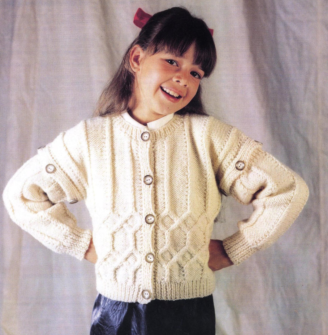 Children's  Round neck Ramsgill Jacket Cardigan - Drop sleeves Cable front  Aran 10 Ply Worsted wool Knitting pattern pdf