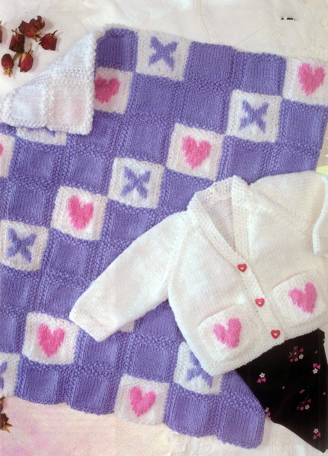Baby Lovely Heart Blanket & Cardigan in DK-8ply  ~  Light worsted wool - 14