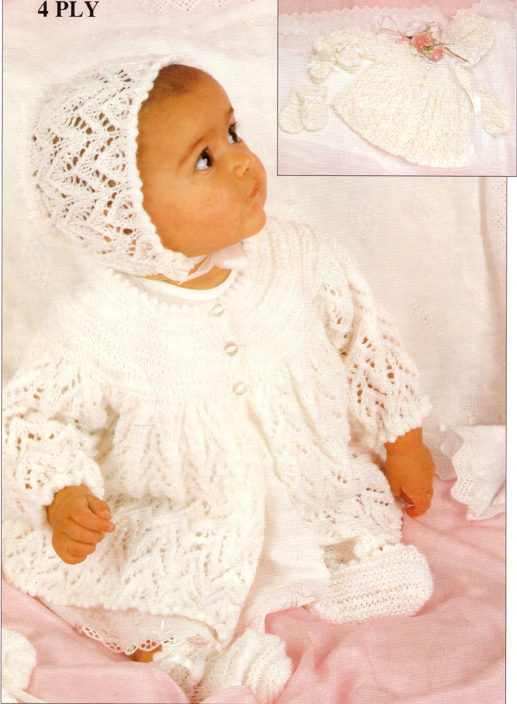 Gorgeous baby lacy Jacket Bonnet- Hat Bootees & MItts in 4ply Fingering Yarn ~ Knitting Pattern Chest 18
