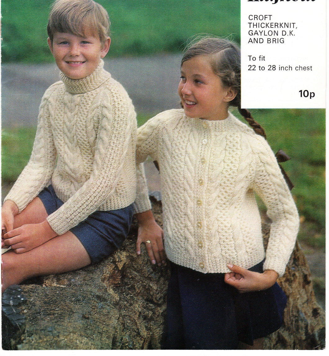 Traditional Aran Cardigan & polo neck Jumper -Boy Girl in 10ply  Worsted aran wool- Knitting pattern chest 22- 28 