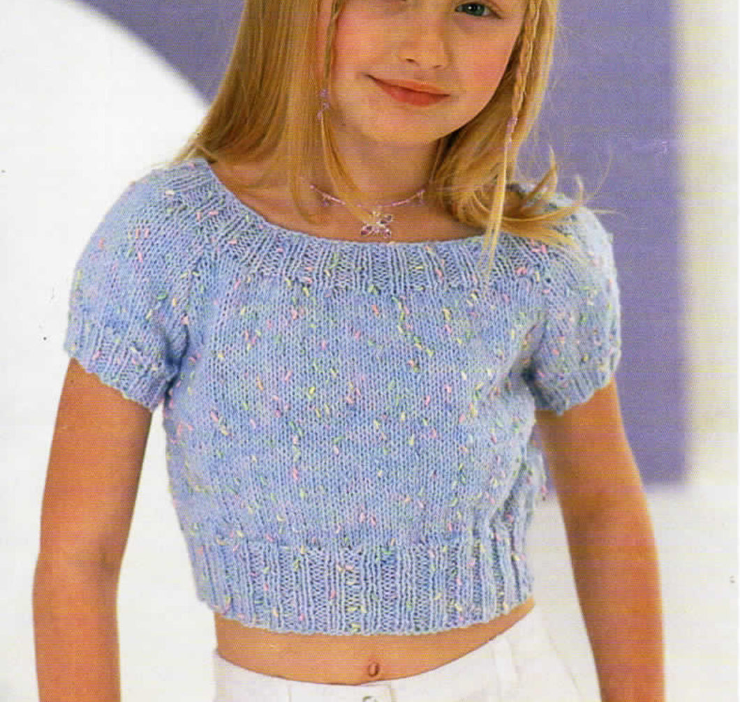 Girls  cropped Short sleeved Jumper- top  Scoop Neck -DK 8 Ply Light Worsted Knitting Pattern pdf Instant Download 24 - 34