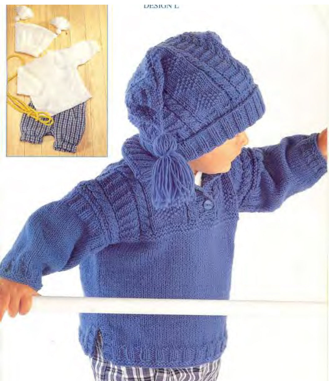 Child's Easy Cable Button top Tunic & Hat- Crew neck or with collar Knitting Pattern -(DK 8 Ply Light worsted) Instant Download-16-28