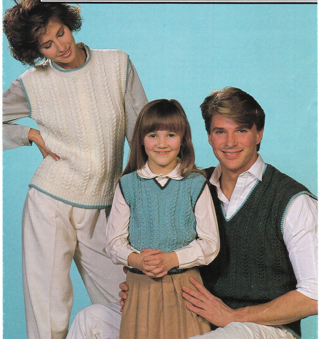 Man woman Childs Cable Slipovers v neck round neck DK 8 ply Light worsted wool, 24 - 48