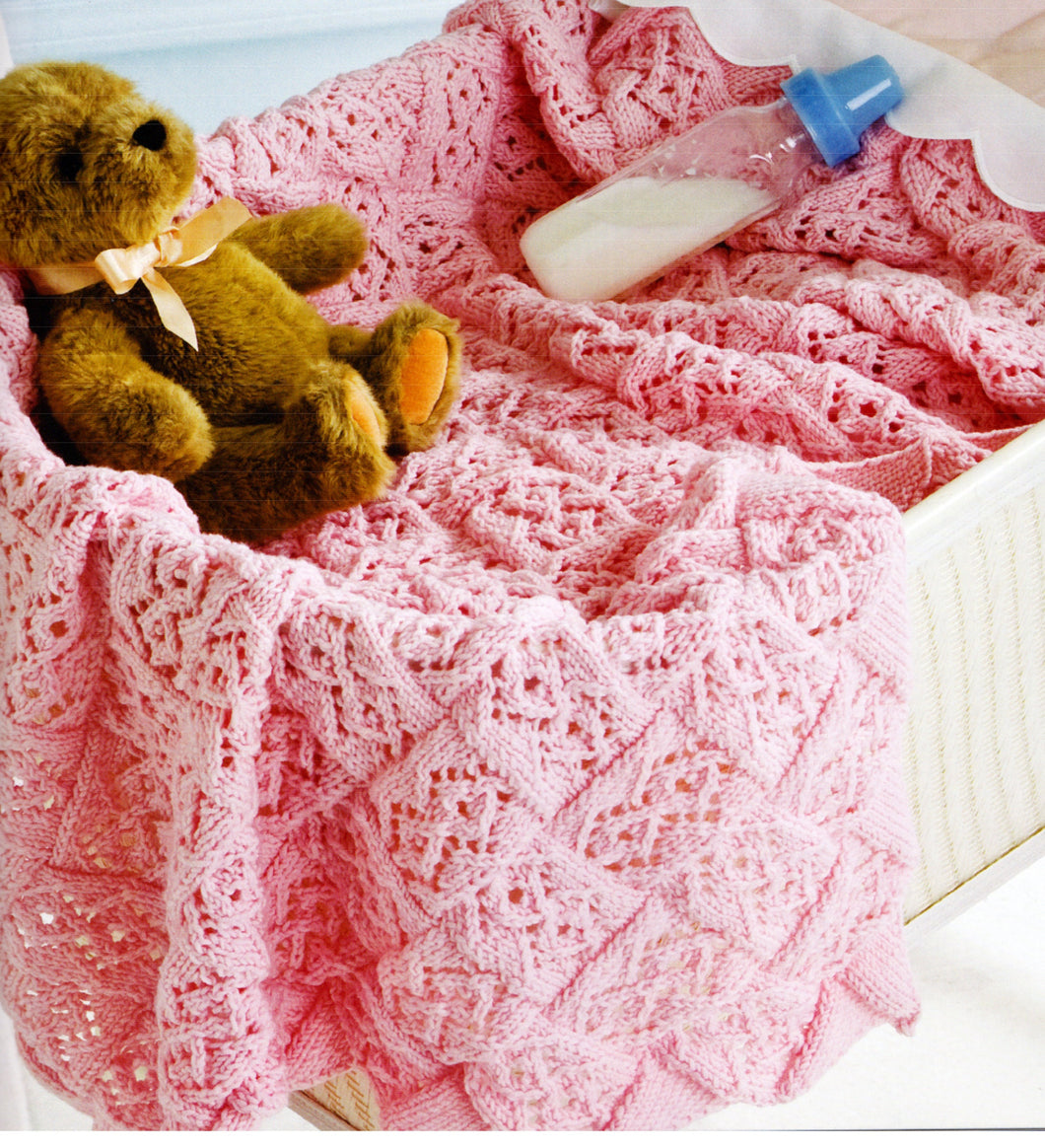Lace Stitch Entrelac Baby Blanket ~ DK~ 8 Ply Wool Knitting Pattern ~ 26