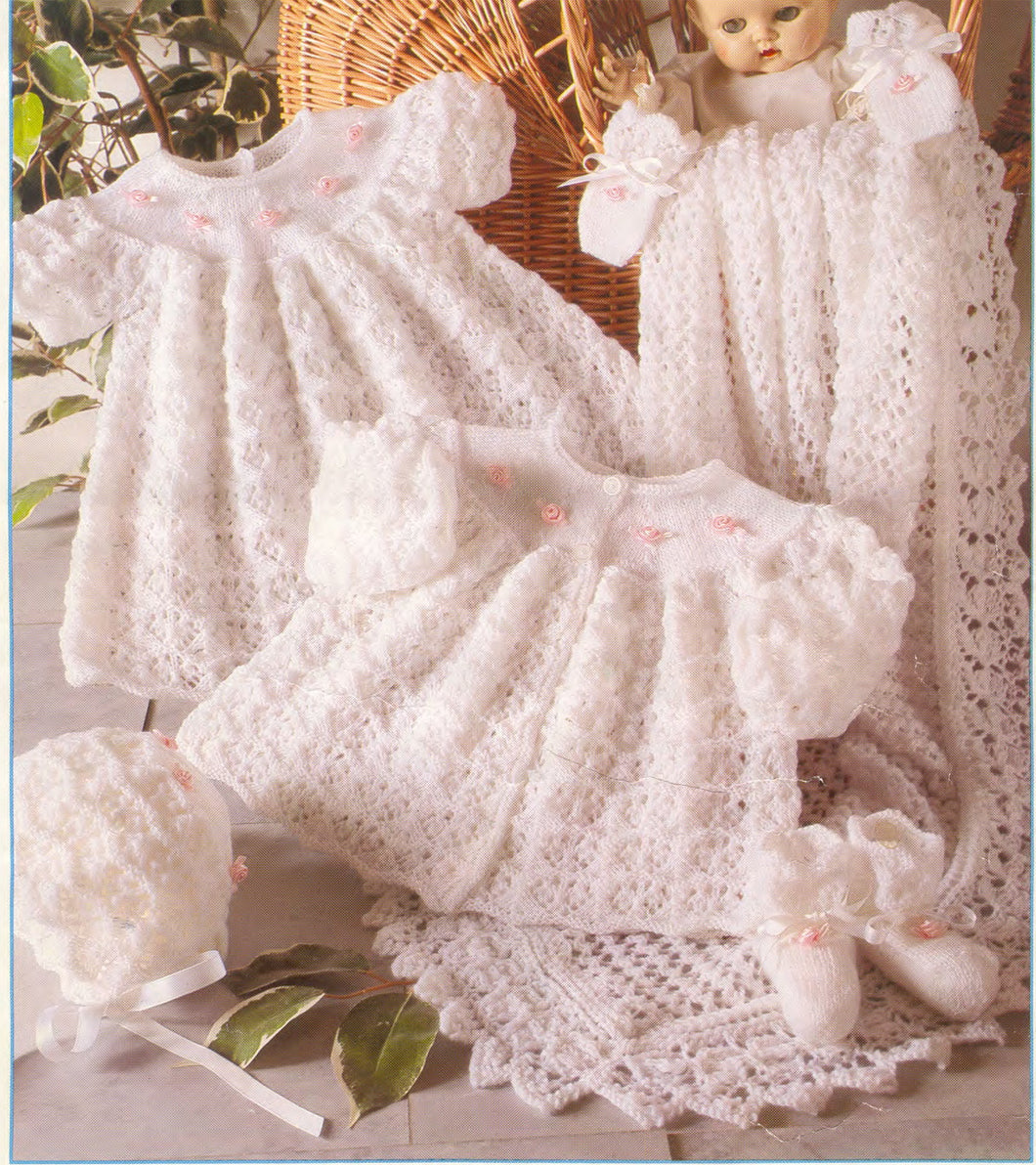 Baby Girl- Layette Christening set & Shawl in 3ply Yarn Fits  Premature baby ~12-18 chest- Knitting pattern  Download PDF