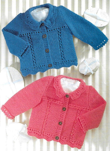 Baby DK 8Ply Cardigans with collar ~ frilled hem - picot edging ~ 2 styles - Light worsted wool,  16~26