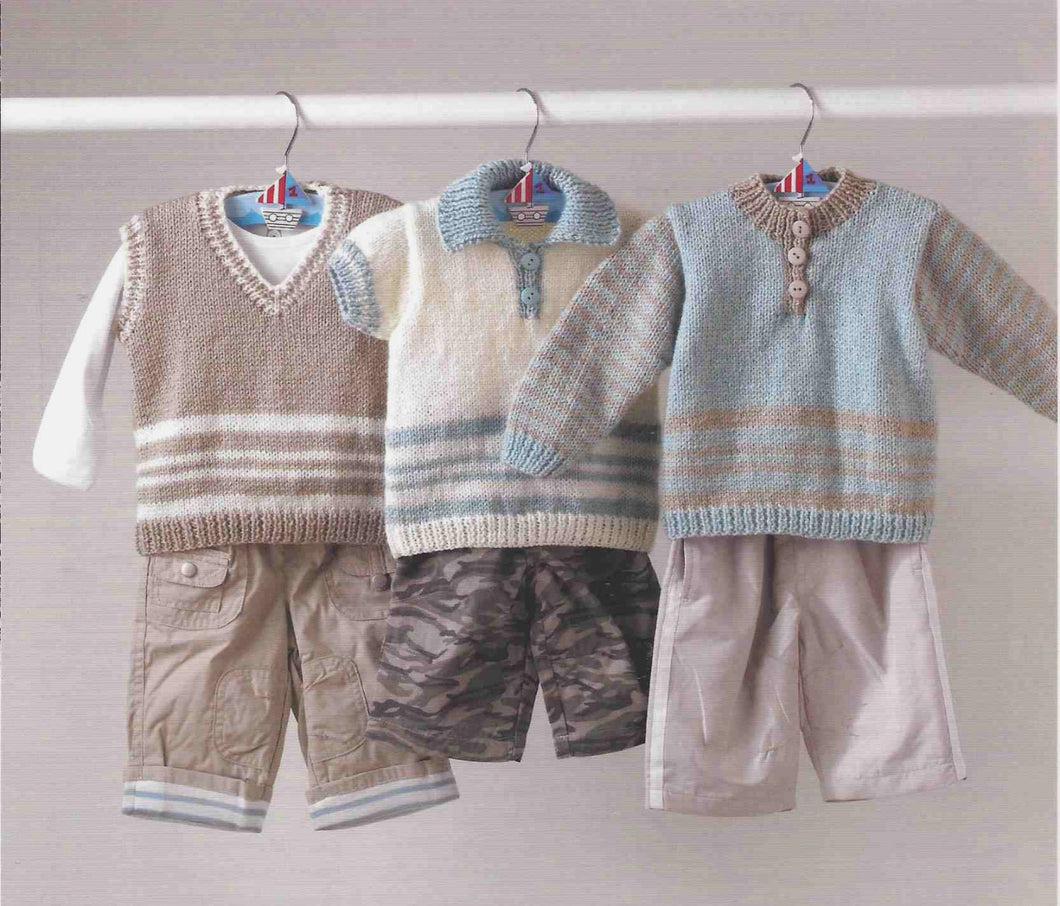 Boy's round neck long Short sleeved sweater & V Neck slipover Knitting Pattern 14 - 24
