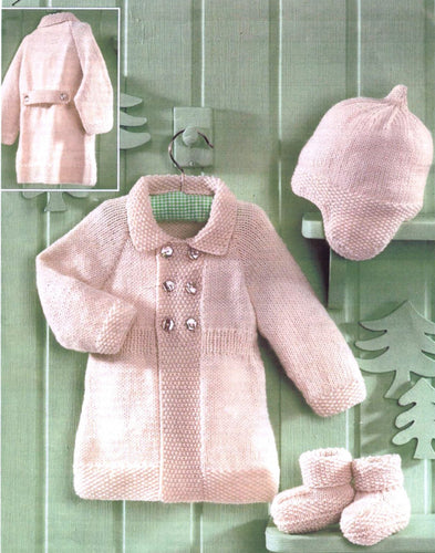 Baby Coat -Hat- Boots  Long coat, Raglan sleeves- easy knit  Knitting Pattern 16 - 22
