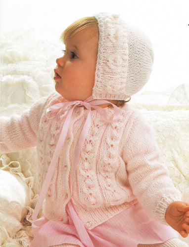 Baby Rose Bud round neck-  long sleeved  Cardigan & Hat - Knitting Pattern 16 - 22