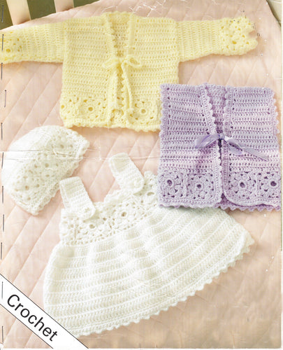 Baby Crochet - Dress  Cardigan Waistcoat  & Beanie Hat  8 Ply  DK Light worsted wool- Premie 14 - 24