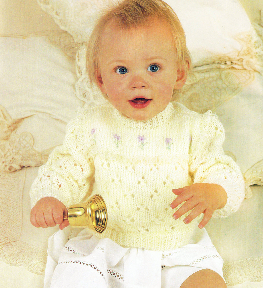 Girls Round neck Lacy frilled yoke Jumper Embroidered flowers Knitting pattern Size 18