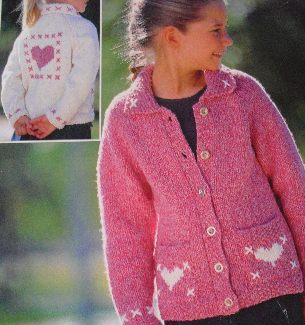 Girls chunky  Heart Cardigan- Jacket with pockets & collar 22 - 30 ins ( 1-10 years) Chunky-Bulky wool- Download PDF Knitting Pattern-