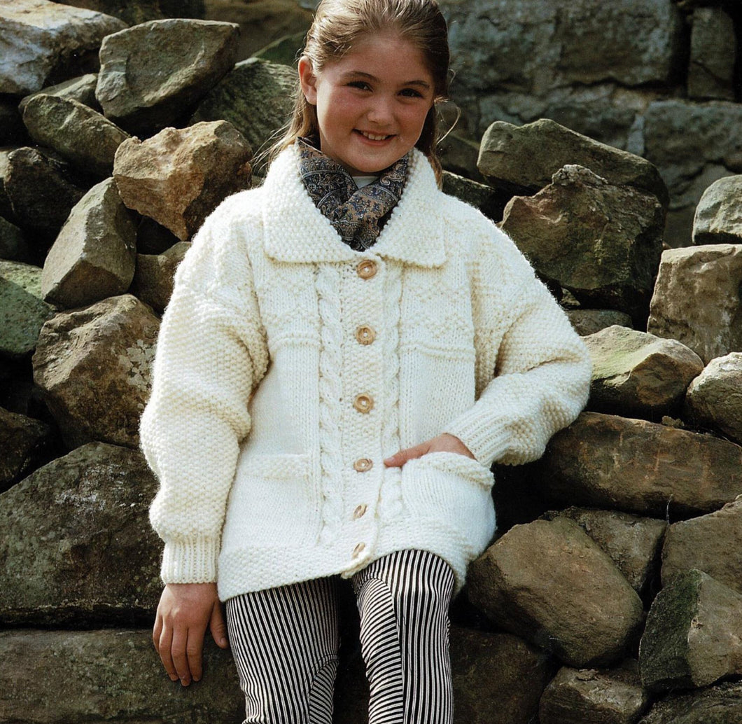 Girls easy Chunky Jacket with pockets & Collar- Chunky Bulky 12 ply wool drop sleeves cable front knitting Pattern download PDF