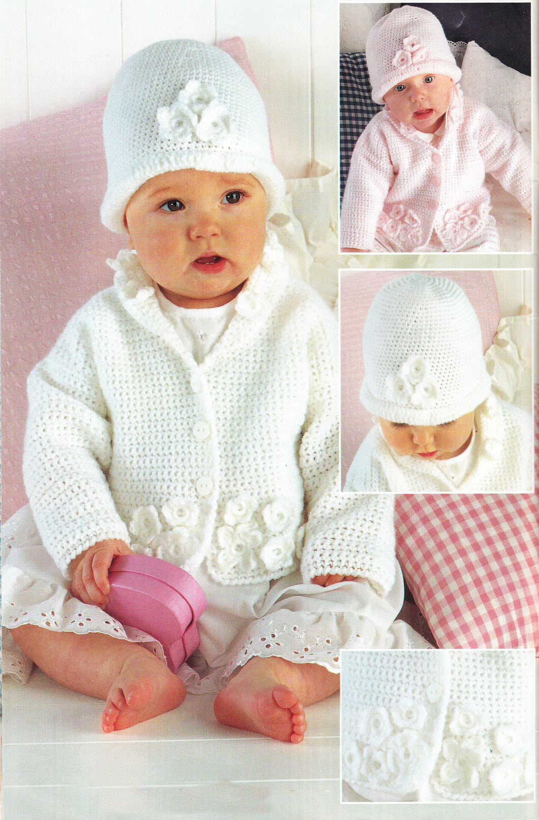 Girls Crochet- Round Neck Flower Jacket & Hat plus dress  4 Ply Fingering  wool- 16- 22