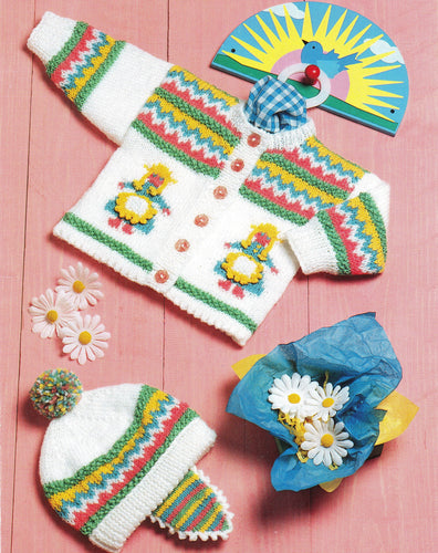 Baby Fair Isle Cardigan & Helmet Hat Picot edges Round neck Chart DK light worsted 8 ply knitting pattern 18