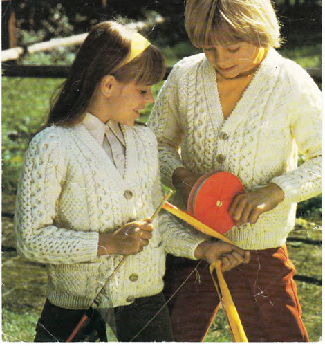 Boy Girls Aran Style V neck cardigans pockets, Classic  Raglan sleeves Aran 10 ply worsted wool 24