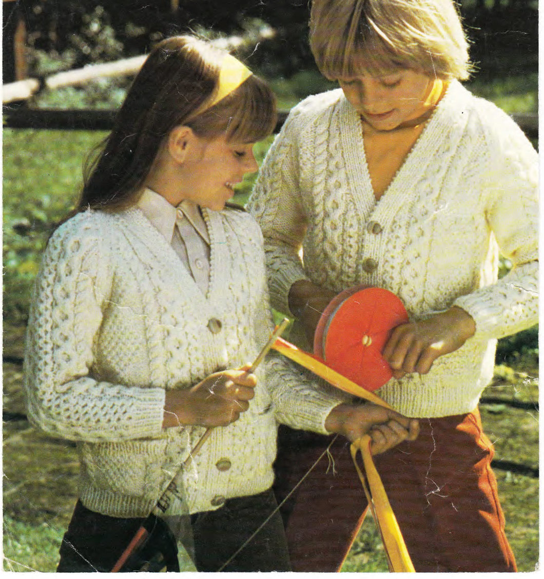 Boy Girls Aran Style V neck cardigans pockets, Classic  Raglan sleeves Aran 10 ply worsted wool 24