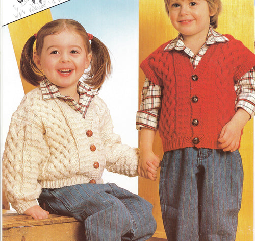 Boy Girls Aran V neck Cable cardigan & Waistcoat Drop sleeves Aran 10 ply worsted wool 20