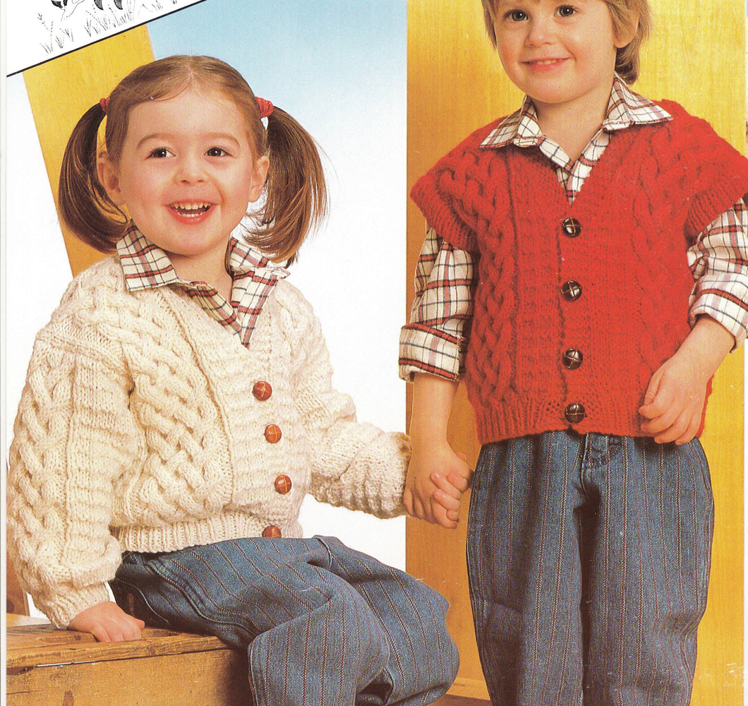 Boy Girls Aran V neck Cable cardigan & Waistcoat Drop sleeves Aran 10 ply worsted wool 20