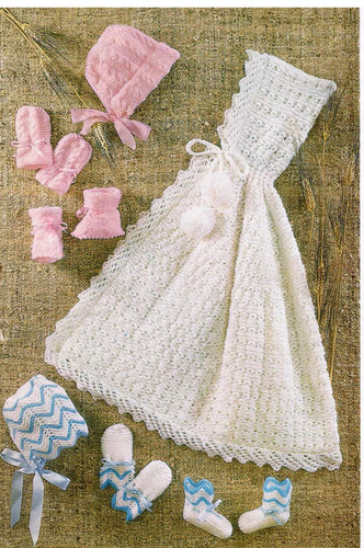 Baby Bonnet Bootees Mitts & Lace Cape with hood to fit  1-6 month babies, DK 8 ply Light worsted wool or 4 ply Download PDF Knitting Pattern