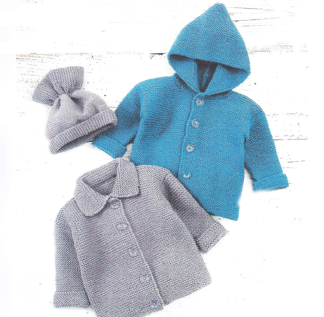 Easy Knit Baby Hooded Jacket & Cardigan  in Garter Stitch DK- 8Ply wool 14