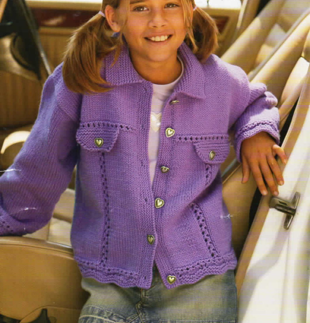 Girls Jacket Cardigan Collar Mock Pockets Lacy Border 22-32