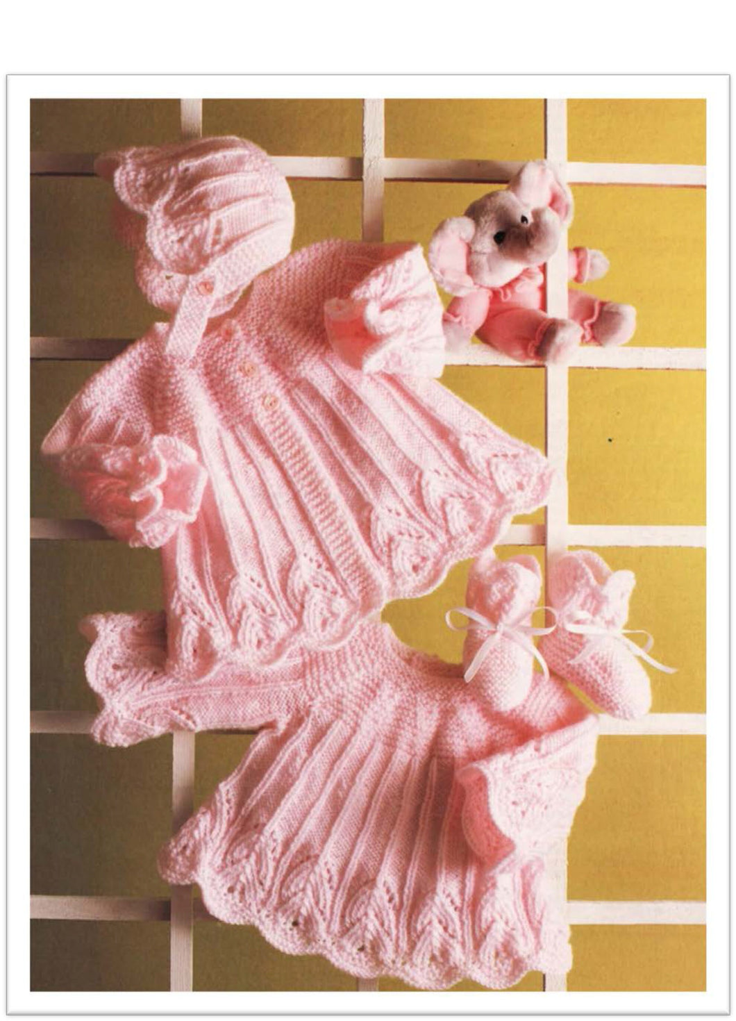 Girls scallop hem Yoked Dress Jacket Bootees & Bonnet  Knitting pattern -DK 8Ply Wool Light Worsted Premature 14 