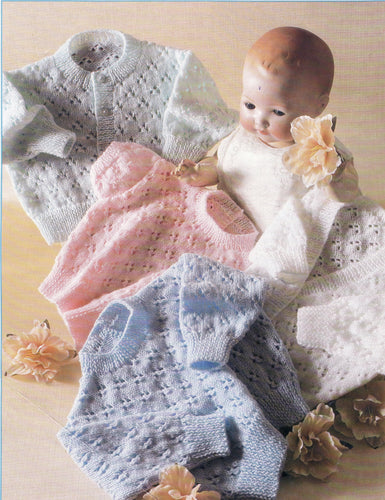 Child's Eyelet Textured cardigans & Jumpers short long sleeves Round V neck 4 Ply wool   Premie 12-26