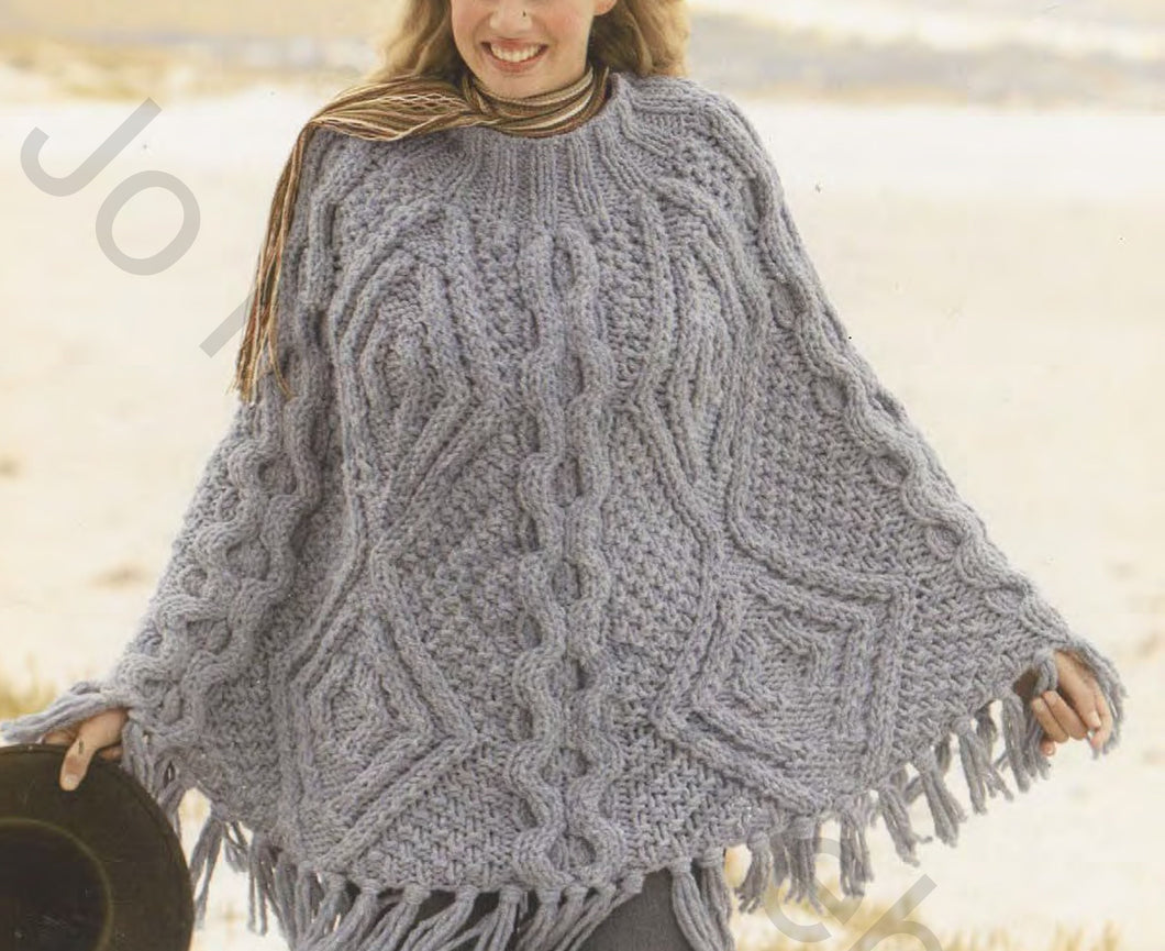 Woman's Knitted Round Neck  Super Chunky Cable Poncho- Fringed design-Knitting Pattern Instant Download- Super chunky- Super bulky wool