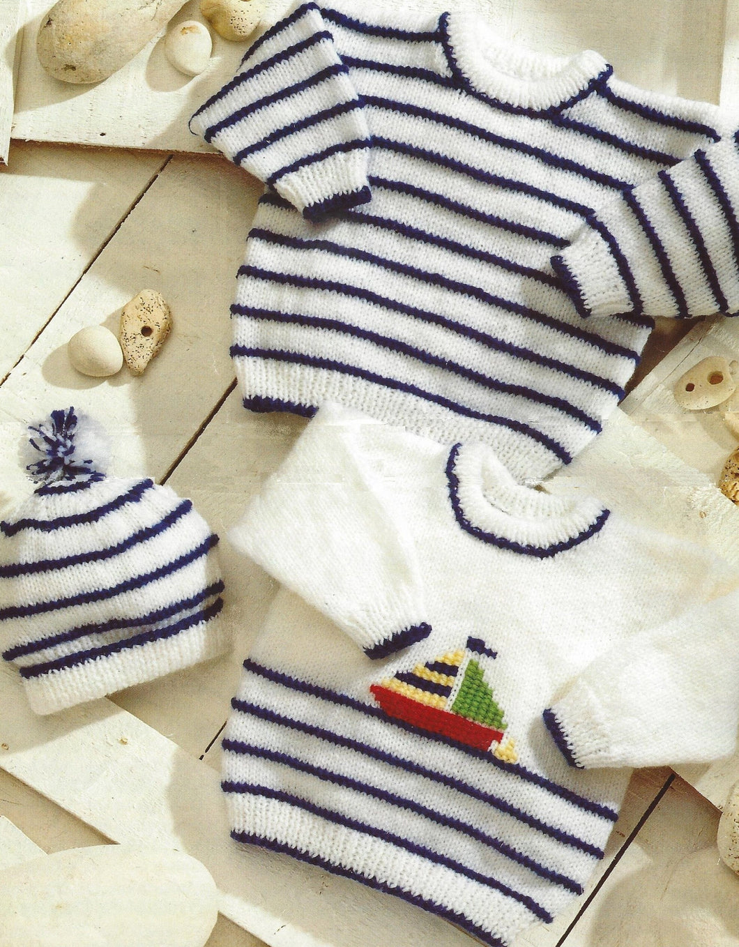 Easy Knit Baby Stripe Jumpers & pom pom Hat- embroidered motif -fits Premature 12