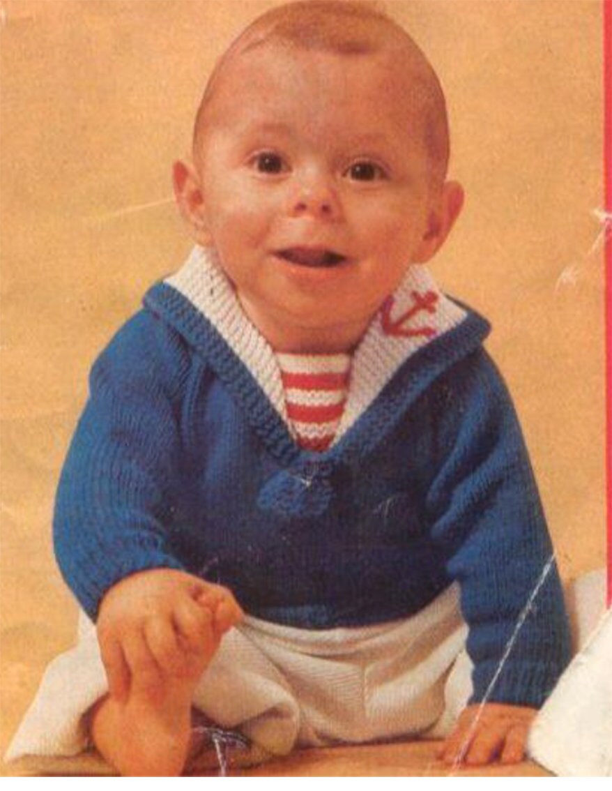 Easy Knit Baby  Sailor collar Stripe Jumper in Sport weight yarn, 5 Ply  fits chest  18