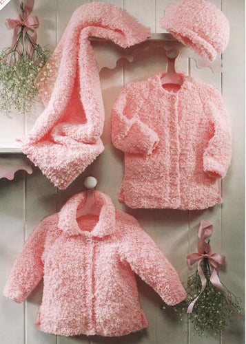 Baby Easy Round Neck Cardigan- collar, hat & Blanket Snowflake Chenille wool- sizes 16 