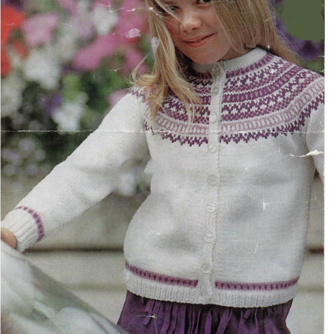 Girl's Cardigan- Round neck  Fair Isle pattern design - Knitting Pattern -DK 8 Ply Light worsted Instant Download-24 - 26