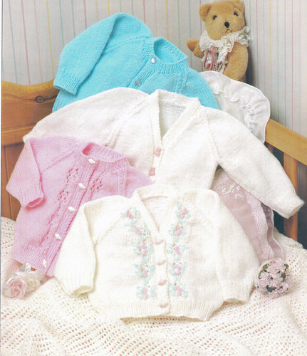 Baby round neck- V neck long sleeved Easy Knit Cardigans- 4 styles Knitting Pattern 16 - 24