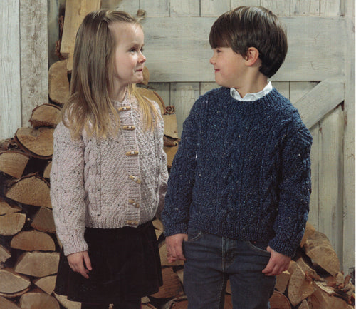 Boy Girl Cardigan & Jumper  in cable Moss stitch pattern Aran 10 ply Worsted wool 22 30