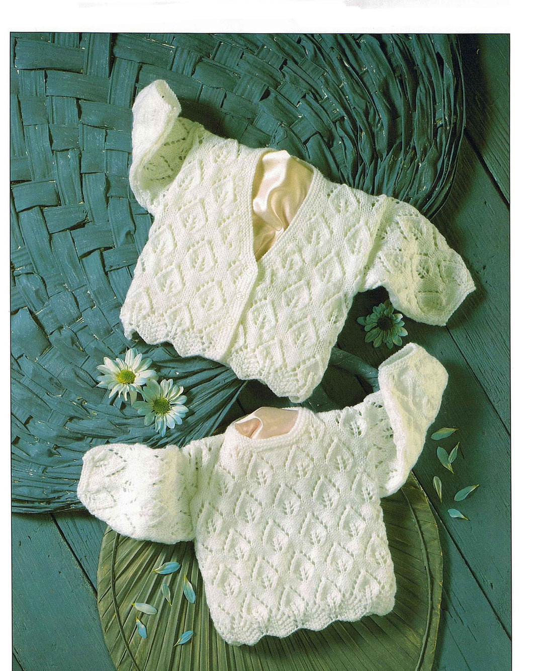 Baby  V Neck Cardigan -Jumper Leaf pattern frilled border Knitting Pattern 4Ply  Fingering Premature 12- 24