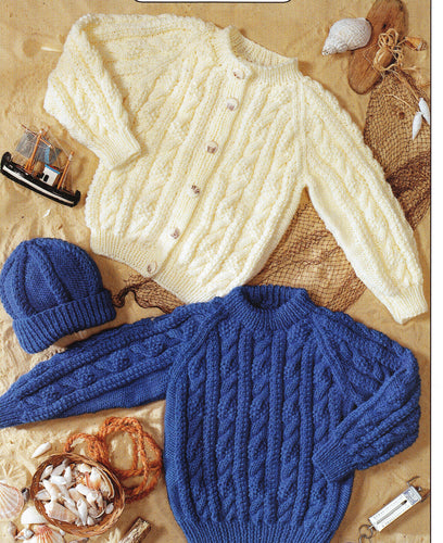 Childrens Round Neck Raglan Sweater Cardigan & Hat Cable Moss Stitch 20-30