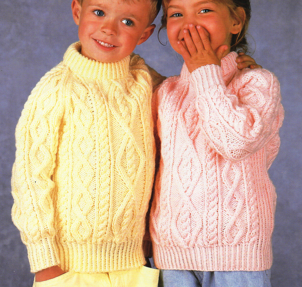 Childrens Knitting Pattern Aran Raglan sweater jumper crew neck 26-32