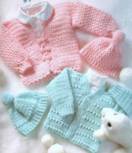 Baby Crochet V Neck- Round Neck Cardigans Picot hem matching Pom pom hats Sport weight yarn- 22-24