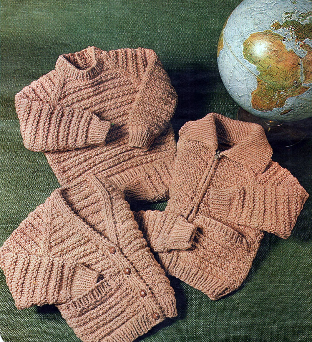 Childrens , Jacket, Jumper, and Cardigan, Size 22 to 30 Inch Chest, Chunky Bulky wool, Instant Download pdf Knitting Pattern