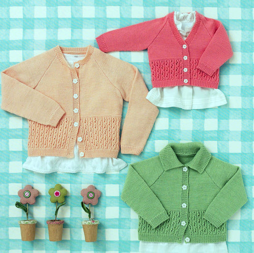 Baby Raglan Cardigans textured border V + round neck collar 4ply Fingering 16