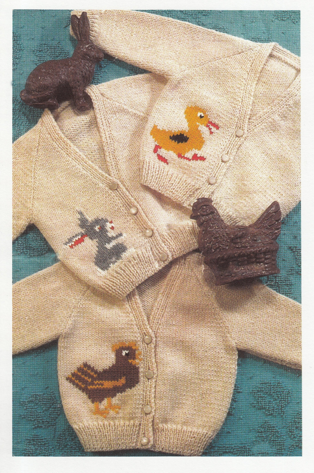 Baby Raglan V Neck Cardigan- Motifs Duck Rabbit Chicken No charts, DK 8 Ply Light worsted wool Knitting Pattern Download PDF